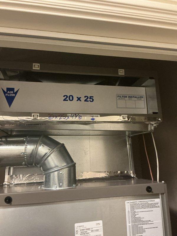 Completed Platinum Level annual maintenance on residential HVAC system and mini-split unit in shop area. Performed comprehensive inspection of newly installed system, including verification of thermostat connectivity status showing Venstar v5d thermostat properly connected to Wi-Fi network with confirmed communication to all system components. Installed new 20x25 air filter in main air handler unit and documented installation with tracking label. Inspected internal cabinet components, ductwork connections, and galvanized metal elbow joints for proper installation and operation. Cleaned and serviced mini-split unit located in shop as requested. All equipment operating within normal parameters with confirmed wireless connectivity and system communication functioning properly.