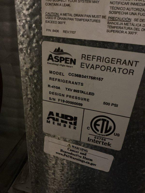 # HVAC Maintenance Summary

Completed annual Platinum Level maintenance on a 6-year-old single-system HVAC unit during the second scheduled visit of the year. Performed comprehensive inspection and servicing of the Aspen refrigerant evaporator (Model CC36B34175R157) utilizing R-410A refrigerant with TXV installed. Replaced 20x25x5 air filter and conducted full system diagnostics on both indoor and outdoor components. Verified proper operation of the condensing unit, checked electrical connections at the meter, and confirmed system pressures and refrigerant levels are within manufacturer specifications. All components functioning properly with no issues identified.