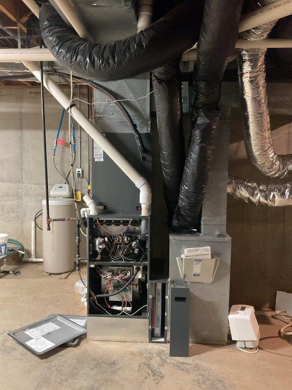 Completed routine annual air conditioning maintenance on a nine-year-old residential HVAC system prior to the cooling season. Performed comprehensive AC tune-up including inspection of furnace and air handler components, verified proper electrical connections and control board operation, checked refrigerant lines and fittings for integrity, and examined blower motor assembly and associated wiring. All mechanical and electrical components found to be in satisfactory operating condition with no deficiencies noted. System is ready for seasonal operation.