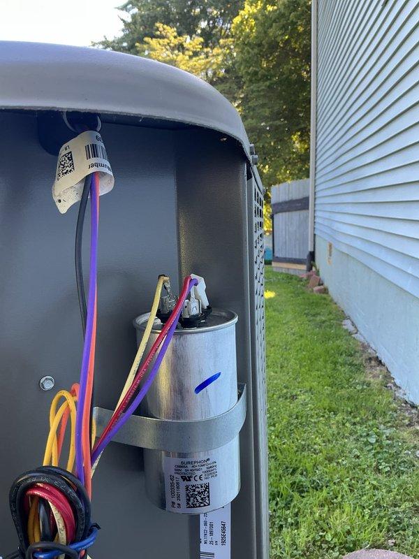 Responded to callback for recently installed system experiencing short cycling, evaporator coil freeze-up, and blower motor making metal-on-metal noise. Upon arrival, inspected outdoor unit and identified failed dual-run capacitor causing improper compressor and condenser fan operation. Replaced defective capacitor with properly rated unit, verified all electrical connections, and tested system operation. Unit now running within normal parameters with no abnormal sounds and proper cooling cycle restored.