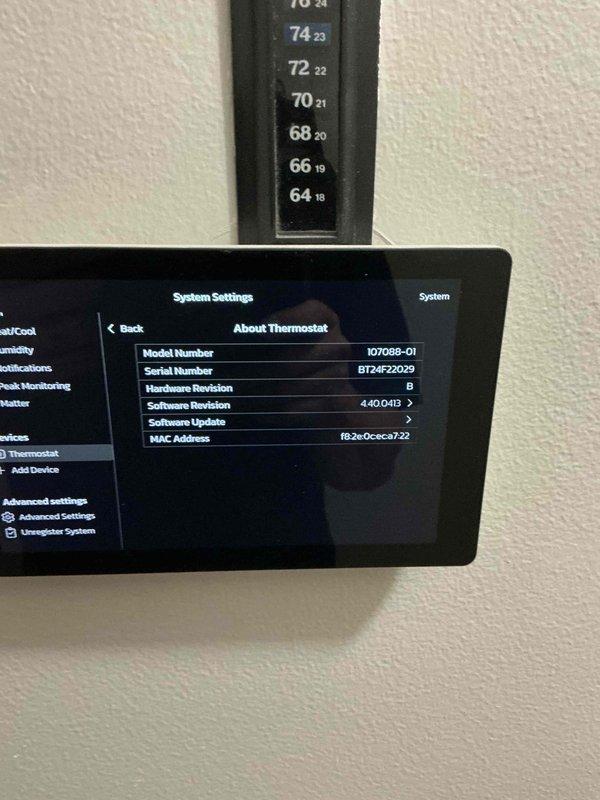 Completed dismissed visit for planned single maintenance on one-year-old HVAC system. Documented thermostat settings and system information, including model 107088-01 with software revision 4.40.0413, confirming proper operation and interface functionality. System filter size confirmed as 20x25x5 for future reference.