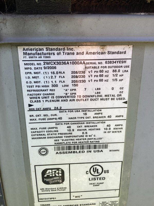 Completed first annual Platinum Level maintenance on a single-system residential HVAC unit. The outdoor condensing unit is an American Standard 2WCX3036A1000AA model manufactured in September 2006, utilizing R-22 refrigerant and rated for 208/230V operation. Performed comprehensive inspection and preventive maintenance procedures on the approximately 10-year-old heat pump system. Collected filter size information for future service reference. System operational and functioning within manufacturer specifications upon completion of maintenance visit.