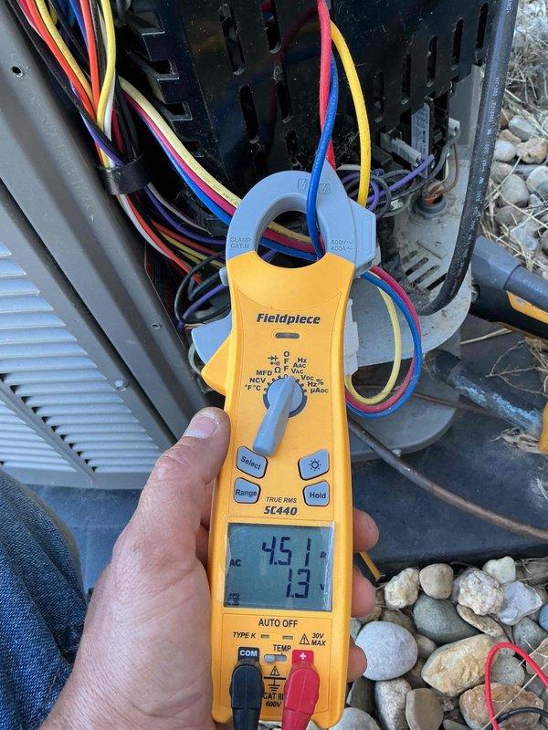Completed Platinum Level maintenance on single HVAC system. Performed comprehensive system inspection and diagnostics, including thermostat functionality verification and electrical measurements. Recorded amperage readings of 45.1A and 1.3A at outdoor unit using clamp meter on power and control wiring. Confirmed system operating parameters within normal range. Filter noted as 20x25x5 size with 3-year service life; no debris collection required at this time. System control hardware and software revisions documented from thermostat interface. All components inspected and found operating properly with no deficiencies noted.