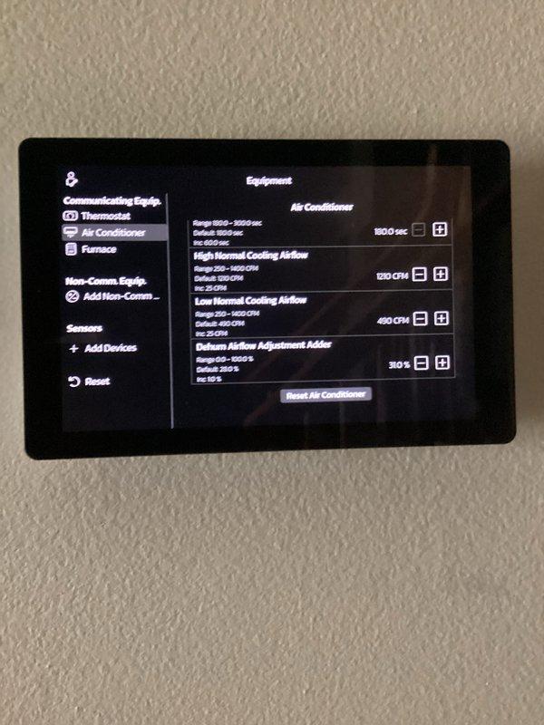 Completed annual platinum-level preventive maintenance on single-system HVAC unit with 16x25x5 filter media. Performed comprehensive inspection of air conditioning and furnace components, verified proper operation of Lennox S40 smart thermostat with Wi-Fi connectivity confirmed to home network, and reviewed system configuration settings including cooling airflow parameters across multiple CFM ranges (1800, 820, 450, 340 CFM) for high, medium, and low normal cooling operations. All equipment settings documented and system operating within manufacturer specifications.