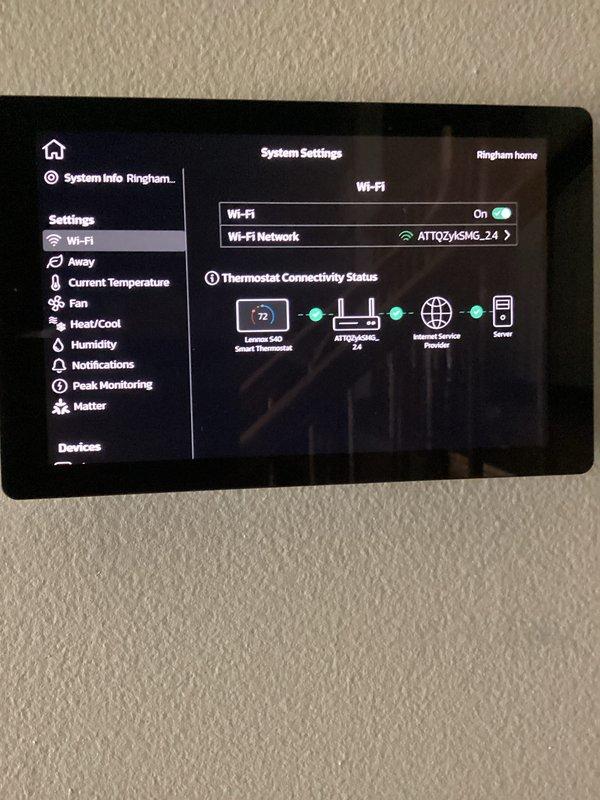 Completed annual platinum-level preventive maintenance on single-system HVAC unit with 16x25x5 filter media. Performed comprehensive inspection of air conditioning and furnace components, verified proper operation of Lennox S40 smart thermostat with Wi-Fi connectivity confirmed to home network, and reviewed system configuration settings including cooling airflow parameters across multiple CFM ranges (1800, 820, 450, 340 CFM) for high, medium, and low normal cooling operations. All equipment settings documented and system operating within manufacturer specifications.