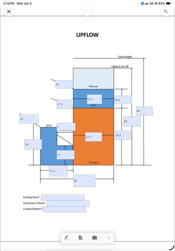 Completed comprehensive replacement estimate for 13-year-old HVAC system with existing functional equipment. Assessed current upflow furnace installation in basement utility area, documented existing ductwork configuration including flexible supply runs, measured plenum and coil dimensions for proper replacement sizing, and evaluated structural components including base condition and clearance requirements. Provided replacement options to former customer with detailed system specifications and installation requirements.