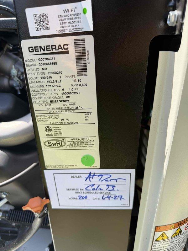 Performed routine maintenance inspection on Generac G00704311 standby generator system rated for 120/240V single-phase operation. Verified generator nameplate data, checked operational status using Evolution 2.0 controller diagnostics, and documented system parameters. Unit tested within normal operating specifications, with next scheduled service interval recorded at 200 hours of runtime.