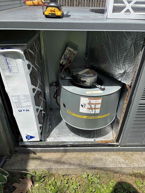 # HVAC Maintenance Summary

Completed Platinum Level maintenance on a 7-year-old residential HVAC system during second scheduled visit. Replaced 16x25x5 air filter and performed comprehensive system inspection. Accessed outdoor condenser unit positioned on concrete pad against house exterior, verifying proper placement and clearances. Inspected internal components including blower motor assembly, electrical connections, and insulation integrity. Unit operating within normal parameters with no immediate concerns identified. System maintenance renewed per service agreement.