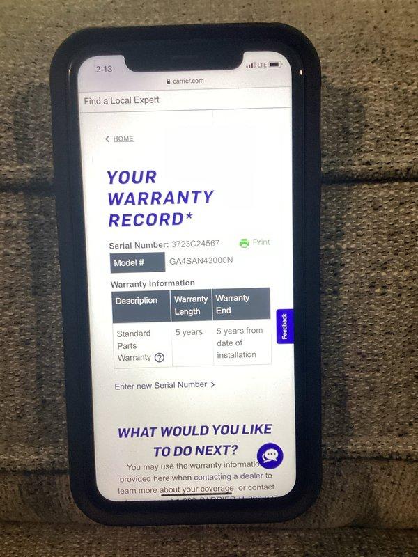 Responded to no-cooling call on 2-year-old Carrier split system (Model GA4SAN43000N, Serial 3723C24567). Upon arrival, confirmed unit blowing air but providing no cooling with no ice buildup present. Verified thermostat calling for cooling at 74°F setpoint. Checked warranty status showing unit under standard 5-year parts warranty from installation date. Documented system information and current operating conditions for diagnostic evaluation.