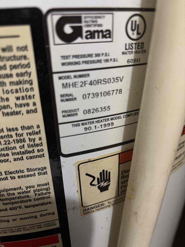 Responded to service call for malfunctioning thermostat on 6-year-old heat pump system that would not shut off, causing temperature discrepancy between actual (68°F) and setpoint (71°F). Upon inspection, assessed existing Whirlpool water heater (Model MHE2F40RS035V) showing signs of age and determined replacement was necessary. Provided on-site estimate for new water heater installation and obtained approval for equipment upgrade to resolve household hot water needs.