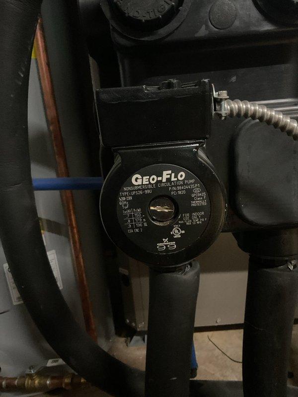 Responded to no-cool call on 10-year-old geothermal heat pump system with non-operational indoor circulation pump. Diagnosed failed Geo-Flo circulation pump preventing proper refrigerant flow through ground loop system, causing compressor to run without adequate heat exchange. Replaced defective circulation pump with new unit, verified proper electrical connections, purged air from hydronic loop, and tested system operation. System restored to full cooling capacity with proper flow rates confirmed and all safety controls functioning within manufacturer specifications.