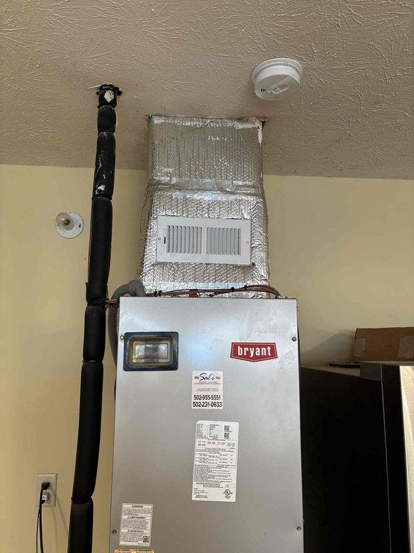 Completed installation of I-Wave air purification system on existing Bryant HVAC unit and added two new supply registers to the ductwork system. All components were properly mounted, sealed with foam insulation at connection points, and tested for proper operation to enhance indoor air quality.