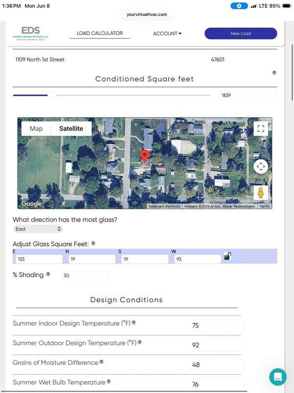Responded to customer complaint of inadequate cooling performance in upstairs zone of residence. Performed comprehensive system evaluation including visual inspection of ductwork in basement/crawl space area and completed Manual J load calculation for the 1839 square foot conditioned space to assess system sizing and capacity requirements. Load calculation accounted for directional glass exposure, shading factors, and design conditions with 75°F indoor setpoint against 92°F outdoor design temperature. Documented existing HVAC infrastructure and ductwork configuration to determine if system capacity matches actual cooling load demands for proper zone temperature control.