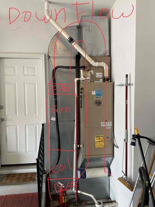 Completed comprehensive load calculation and system evaluation for dual 21-year-old HVAC systems experiencing cooling failure with thermostat set to 70°F while interior temperature reached 77°F. Performed Manual J load calculation determining cooling load of 51,124 BTUh and heating load of 80,845 BTUh, with required cooling tonnage of 4.8 tons at 0.75 SHR and 1,901 CFM airflow requirement. Evaluated existing downflow air handler configuration in garage installation, documented system layout including coil positioning and ductwork routing, and provided replacement estimate for complete system upgrade to restore climate control functionality.