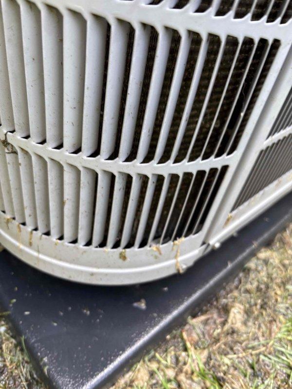 Completed monthly planned maintenance on 11-year-old residential HVAC system. Inspected outdoor condenser unit, which showed normal wear consistent with age including minor dirt accumulation on coil fins and slight weathering of exterior casing. Cleared yard debris and grass clippings from around unit base to ensure proper airflow. Replaced 16x25x4 polarized air filter per maintenance schedule. Verified refrigerant lines and connections showed no visible signs of damage or leakage. Unit operational and functioning within normal parameters upon completion of service.