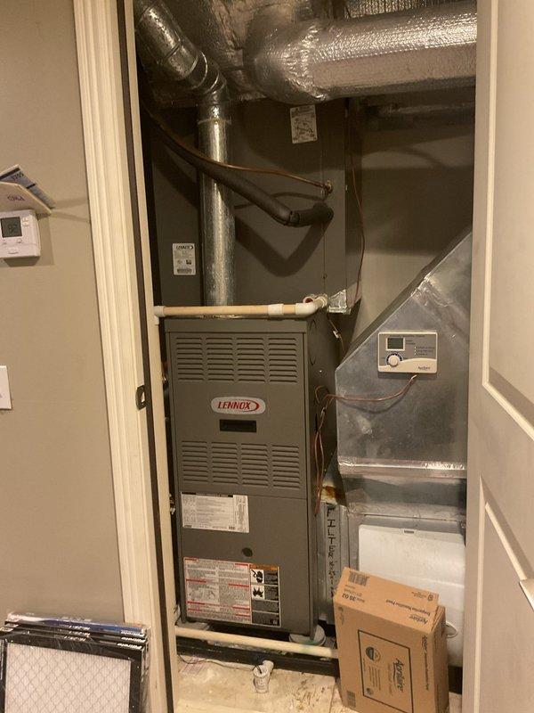 Completed comprehensive assessment of 16-year-old HVAC system for residential property exceeding 2200 square feet with heating and cooling equipment located in interior closet. Evaluated existing Lennox natural gas furnace and outdoor condensing unit, both showing age-related wear consistent with end-of-service-life equipment. Documented current system configuration including ductwork, air handler, and electrical disconnect. Prepared two replacement options per customer request: first option for air conditioning system replacement only, second option for complete furnace and air conditioning system replacement. Conducted thorough equipment inspection, captured photographic documentation of indoor and outdoor components, and provided detailed specifications for replacement equipment suitable for large-footprint residential application with natural gas energy source.