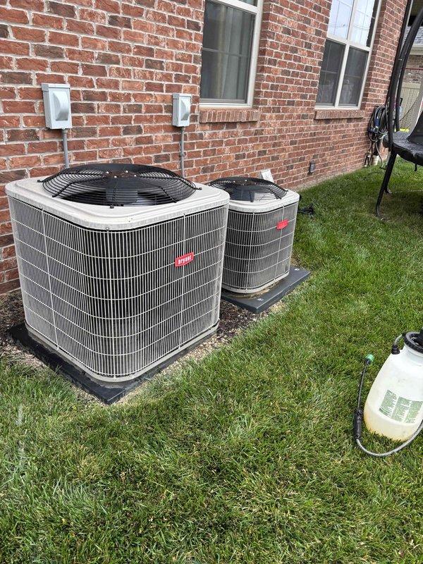 Completed planned duo maintenance on two Bryant systems at residential property. Performed comprehensive inspection and maintenance on both the attic unit and outdoor condenser units. Checked refrigerant levels, electrical connections, and airflow on both systems. Replaced two CCF filters as part of routine maintenance. Inspected suction line joint to attic system per customer request for future repair consideration. Verified operation of Honeywell whole house ventilation control system. Both HVAC units operating within normal parameters upon completion of maintenance service.