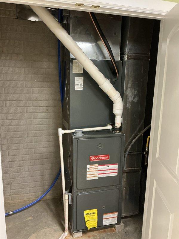 Completed first annual Gold Level planned maintenance visit on 13-year-old Goodman HVAC system. Performed comprehensive inspection of indoor furnace unit located in utility closet and outdoor condenser unit, checking all mechanical and electrical components per manufacturer specifications. Verified proper operation of heating and cooling systems, inspected condensate drainage and venting, examined refrigerant lines and electrical connections, and confirmed adequate airflow through condenser coils.