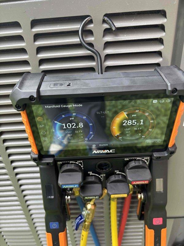 Responded to no cooling complaint on 1-year-old system where outdoor unit was running but indoor blower was not operating, resulting in no airflow through vents. Performed diagnostic testing and measured system pressures using digital manifold gauges, confirming R410A refrigerant levels with suction pressure at 102.8 psi (32.7°F) and discharge pressure at 285.1 psi (92.5°F). Diagnosed indoor blower motor failure preventing air handler operation. System restored to proper cooling operation with adequate airflow confirmed at supply registers.