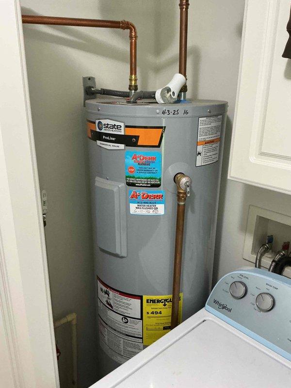 Completed scheduled tanked water heater flush on State brand unit as part of preventive maintenance plan. Coordinated arrival time with tenant, performed standard flush procedure to remove sediment buildup from tank bottom, inspected copper supply lines and pressure relief valve discharge tube for proper operation, and verified all connections remained secure. Unit operating efficiently with no leaks detected upon completion.