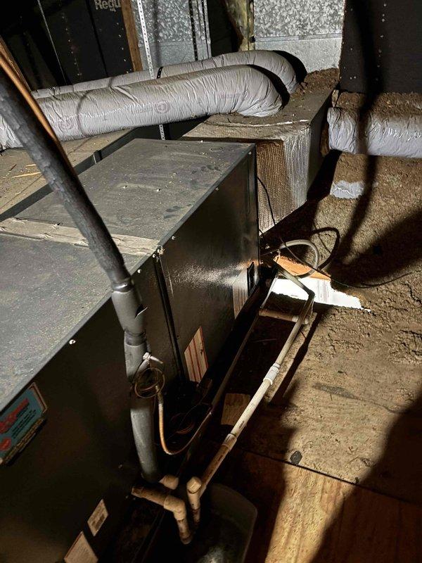 Completed monthly platinum-level maintenance on a 10+ year old Goodman central air conditioning system with air handler located in attic space. Replaced 20x25x2 polarized filter, inspected all accessible components including refrigerant lines and ductwork connections, verified proper operation of equipment, and documented unit specifications and current condition through photographic records.