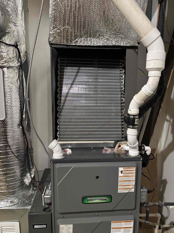 Completed second annual Platinum Level maintenance on a 5-year-old single HVAC system. Performed comprehensive inspection of furnace, evaporator coil, and associated ductwork, verifying proper operation of all components. Replaced 24x25x5 air filter, checked condensate drain lines and PVC piping for proper flow, and inspected all electrical connections and refrigerant lines for secure mounting and integrity.
