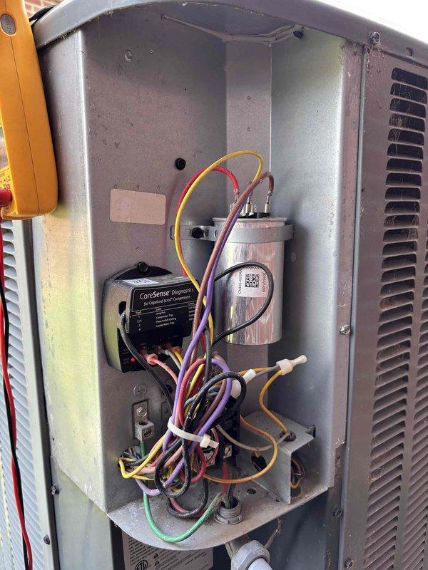 Completed planned maintenance visit on Gold Level system for 8-year-old home with single HVAC unit. Performed comprehensive electrical diagnostics using digital multimeter, recording voltage readings of 394V on system components. Inspected and tested electrical contactors, relays, and control wiring throughout the unit. Verified proper operation of CoreSense Connected HVAC diagnostic system with all associated control wiring connections. Checked capacitor condition and mounting. Customer requires 16x25x5 filter replacement and system renewal scheduling for first maintenance visit.
