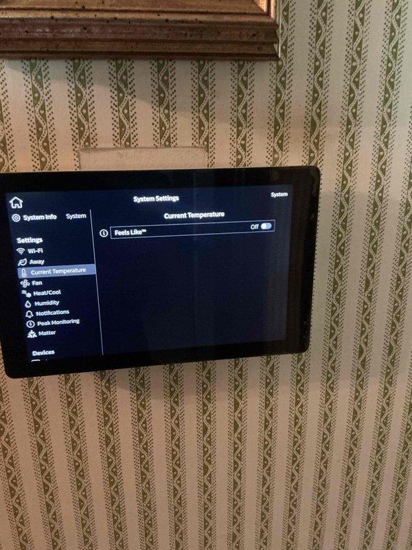 Responded to follow-up service call for 3-ton 19 SEER heat pump and air handler system experiencing temperature control issue where thermostat set to 74°F but home temperature reading 75°F. Inspected smart thermostat settings and connectivity, verified Wi-Fi connection to SpectrumSetup-TC26 network, and reviewed system configuration including Fault Line™ feature and temperature calibration settings. Documented thermostat interface and connectivity status, coordinated with customer to schedule return appointment for further diagnosis and temperature differential correction.