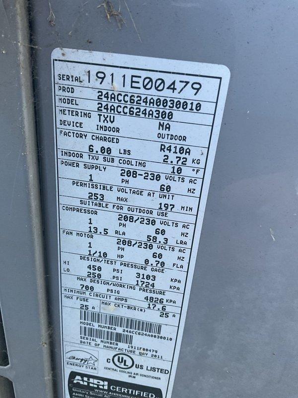 Conducted on-site evaluation of seventeen-year-old residential air conditioning system to provide replacement estimate. Documented existing Carrier HVAC installation including furnace unit, air handler, and associated ductwork in basement utility area. Assessed current system specifications including R410A refrigerant type, 208-230 volt power supply, and manufacturer model information for proper equipment sizing and replacement recommendations.