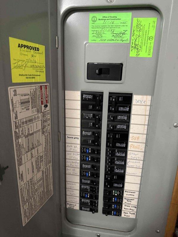 Responded to service call for garage refrigerator repeatedly tripping circuit breaker. Inspected main electrical panel and identified affected circuit breaker serving garage outlets. Verified panel condition, proper labeling, and circuit load distribution to determine cause of nuisance tripping and ensure safe operation of dedicated appliance circuit.