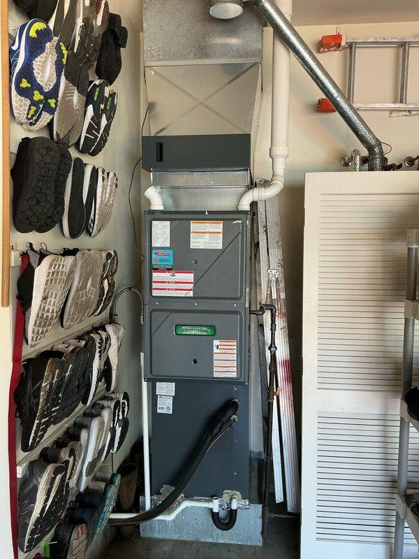 Completed first annual Platinum Level maintenance on a 7-year-old residential HVAC system consisting of an outdoor condensing unit and indoor furnace. Performed comprehensive inspection of both components, replaced 20x25x5 air filter, verified proper airflow through ductwork and plenum connections, and confirmed all safety labels and manufacturer specifications were clearly visible and intact. System operating within normal parameters with no issues identified.