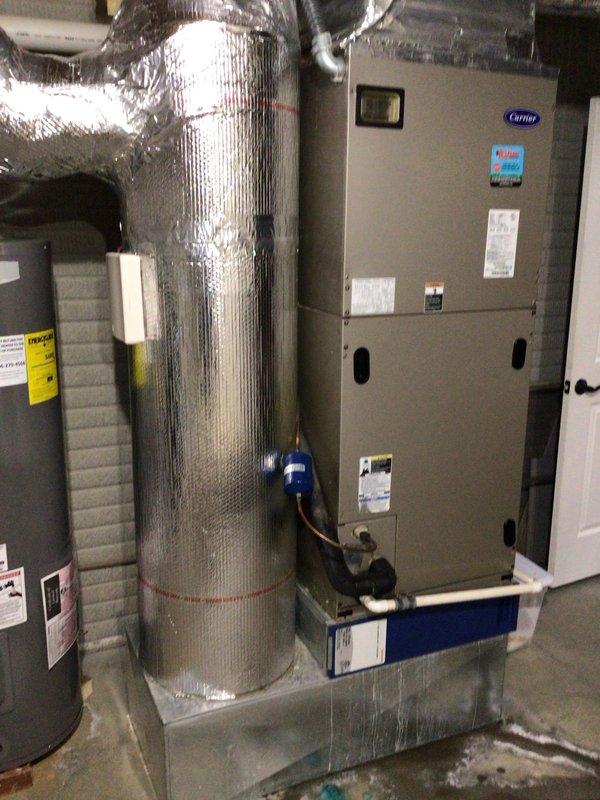 Responded to water leak issue in basement affecting 14-year-old Carrier Infinity system. Inspected air handler unit and condensate pump assembly where pooling water was observed at equipment base. Documented system conditions and leak source for home inspection requirements, photographed thermostat settings and HVAC equipment configuration, and advised property owner of findings for pre-sale disclosure purposes.
