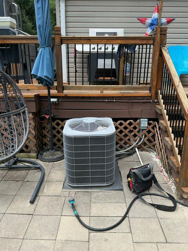Completed comprehensive cooling season maintenance on 12-year-old Carrier HVAC system per annual maintenance agreement. Performed full AC tune-up including inspection of indoor furnace components, verification of refrigerant levels, cleaning of outdoor condensing unit, and testing of all system operations. System found to be operating properly with all components functioning within normal parameters; no repairs required at this time.
