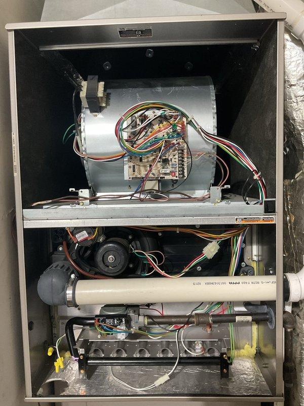 Completed Platinum Level maintenance on residential HVAC system during first visit of service agreement. Performed comprehensive inspection of air handler unit, blower motor assembly, and all internal components. Verified proper operation of electrical connections, control board, and wiring harnesses throughout upper and lower compartments. Inspected blower wheel assembly, heat exchanger, and condensate management system. Confirmed all mechanical and electrical components functioning within normal parameters. Installed new 20x25x2 air filter. System operating efficiently with no deficiencies noted at this time.