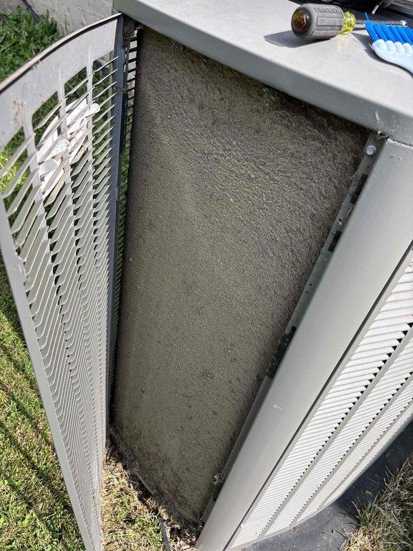 Completed annual Platinum Level maintenance on a 2-year-old residential HVAC system. Replaced heavily soiled 20x26x5 pleated air filter that showed significant dust and debris accumulation, which was restricting airflow to the outdoor unit. Performed comprehensive system inspection and standard maintenance procedures per manufacturer specifications to ensure optimal performance and efficiency.