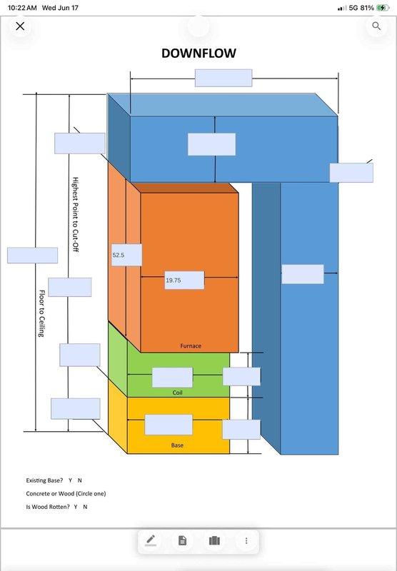 Conducted comprehensive HVAC system replacement estimate for residential property with existing outdoor condenser unit and downflow furnace configuration. Evaluated current system performance, documented equipment specifications including 52.5" furnace with evaporator coil assembly, assessed installation conditions including base structure integrity, and photographed existing outdoor unit placement adjacent to home exterior. Provided homeowner with complete replacement options for non-functioning system requiring full equipment upgrade.