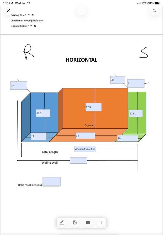Completed comprehensive replacement estimate for attic-mounted HVAC system with non-functional air conditioning unit. Assessed existing horizontal furnace and air handler configuration, documented ductwork layout including flexible duct runs and metal supply trunk, measured equipment dimensions and clearances for Rheem system replacement specification. Provided detailed equipment replacement proposal addressing failed cooling system while preserving operational heating components.
