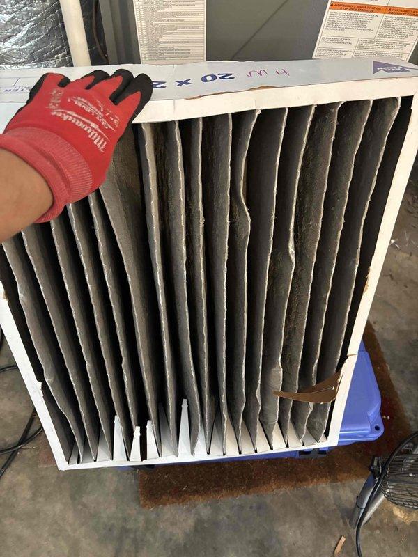 Completed Platinum Level preventive maintenance on a 7-year-old single HVAC system as part of scheduled maintenance campaign. Replaced dirty 20x25x5 pleated air filter with new filter, documented installation date on filter frame, and performed comprehensive system diagnostics using electronic testing equipment. All maintenance tasks completed per manufacturer specifications with system operating within normal parameters.