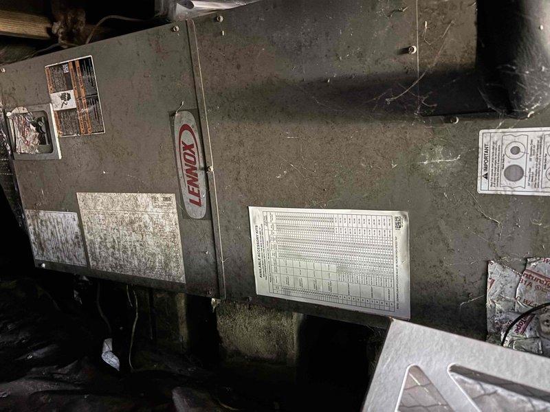 Completed annual platinum maintenance on a 2-year-old Lennox furnace system, including inspection of all major components and replacement of 20x25x5 filter. Documented system condition with photos showing typical dust accumulation on unit exterior and surrounding utility area, with all mechanical components functioning within normal parameters.