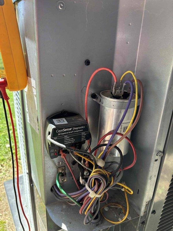 Completed annual Platinum Level maintenance on single HVAC system during second visit of the service term. Inspected outdoor condensing unit and internal components including capacitor and CoreSense Diagnostics module, verified all electrical connections and wiring integrity, replaced 16x25x5 air filter, and confirmed system operational status. Customer approved service term renewal for continued coverage.