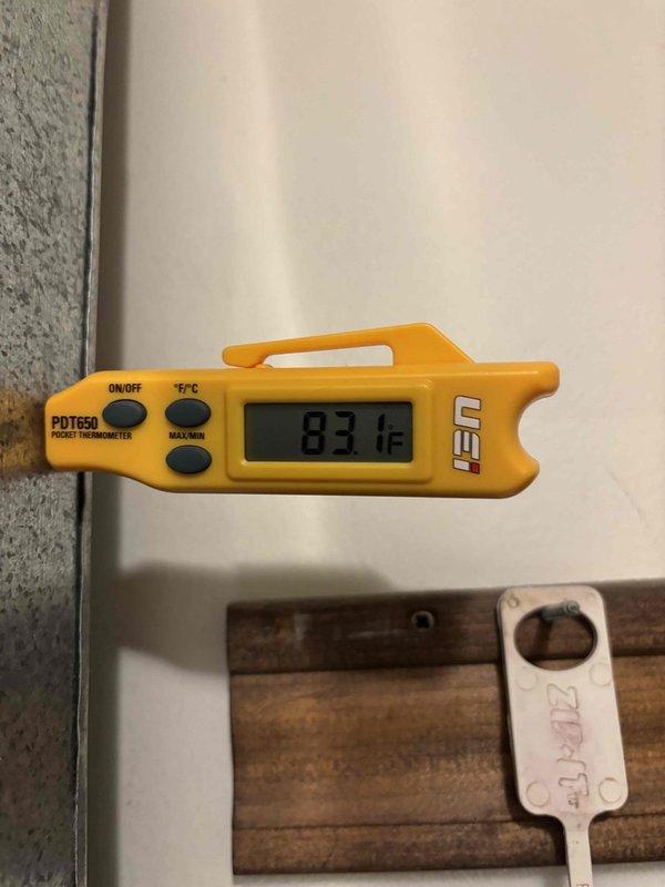 # HVAC Maintenance Summary

Completed first annual Platinum Level maintenance on a 7-month-old single HVAC system. Performed comprehensive inspection of air handling unit components, including refrigerant lines, flexible ductwork, and mechanical connections. Replaced 20x20x1 air filter and verified proper system operation. Documented temperature readings at 83.1°F using calibrated digital thermometer to confirm normal operating parameters. All internal components, including brass fittings, conduit routing, and insulated ductwork, inspected and found in good working condition with no issues identified.