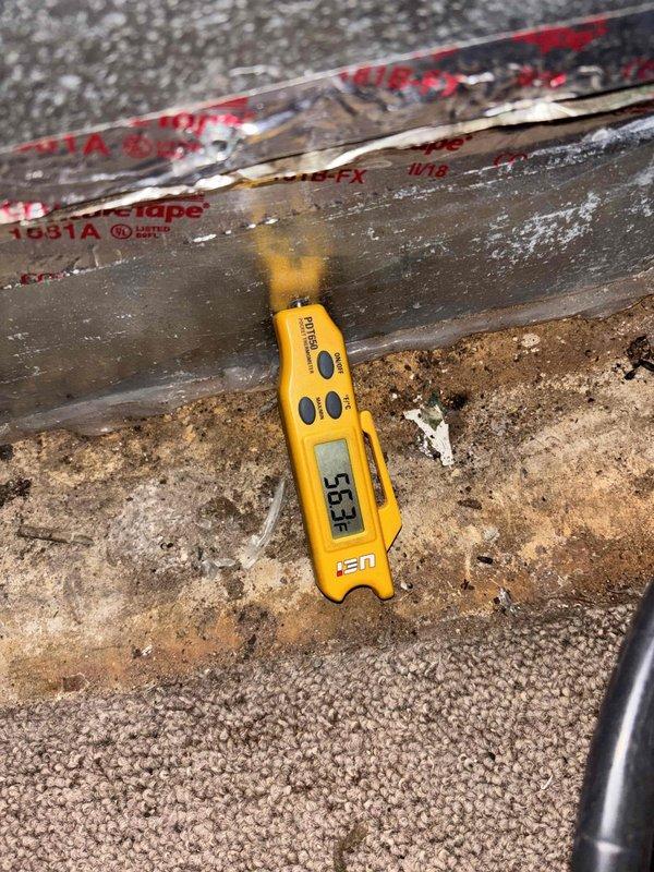 Responded to no cooling complaint on 7-year-old residential air conditioning system blowing warm air. Upon arrival, confirmed adequate airflow through vents with no ice buildup on evaporator coil. Performed diagnostic testing using digital thermometer and clamp meter at outdoor condensing unit. Measured supply air temperature at 53°F, indicating insufficient cooling capacity. Checked electrical current draw at compressor circuit showing 7 amps, which is below normal operating amperage for typical residential compressor. Inspected condenser unit wiring connections and contactor operation. Low amperage reading combined with warm air delivery suggests potential compressor failure or refrigerant loss requiring further system evaluation.