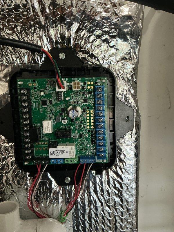 Completed first scheduled maintenance visit for 3-month service interval on HVAC system. Installed new 20x25x5 Pure Air filtration media and verified thermostat operation and system settings. Inspected control board wiring connections and confirmed all terminal connections secure at system interface points.
