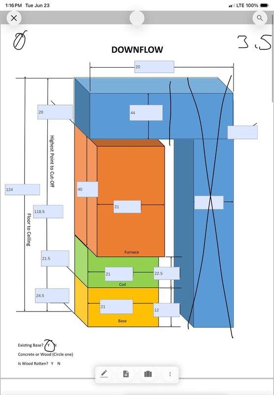 Conducted comprehensive replacement estimate for existing residential HVAC system. Evaluated current Trane outdoor condensing unit positioned on concrete pad adjacent to brick exterior wall, noting standard operational configuration with electrical disconnect present. Assessed indoor downflow furnace and evaporator coil arrangement, documenting existing vertical equipment configuration including furnace, coil, and base assembly. Recorded detailed measurements of all components and clearances for proper equipment sizing and replacement planning. Photographed outdoor unit showing age-related conditions and indoor system schematic with dimensional specifications to determine compatible replacement equipment options for complete heating and cooling system upgrade.