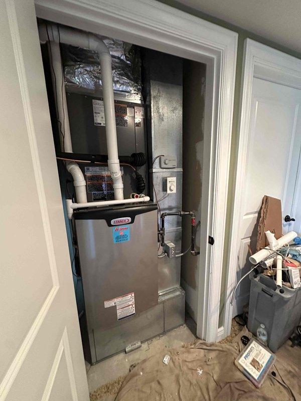 Completed full HVAC system installation including a 3.5-ton, 15.5 SEER outdoor condensing unit and 97% AFUE furnace or air handler with proper refrigerant charging and system commissioning. The indoor air handler was installed in the utility closet with new flexible ductwork, PVC condensate drainage lines, and all necessary electrical connections. System was tested, pressures verified using digital manifold gauges, and confirmed operational to manufacturer specifications.
