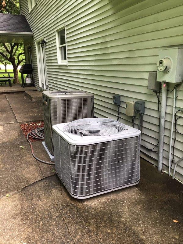 Completed annual HVAC maintenance on 9-month-old system including inspection of furnace/air handler, water heater connections, and dual outdoor condensing units. Replaced 16x25x5 air filter, verified proper operation of all equipment, inspected refrigerant lines and electrical connections at meter, and recommended annual service agreement renewal for continued system protection.