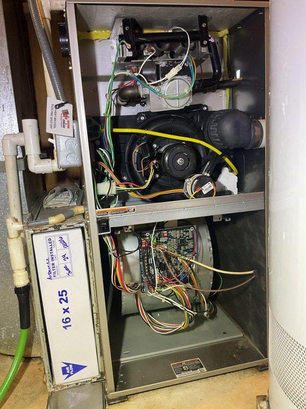 Completed comprehensive planned maintenance service on 12-year-old residential HVAC system as part of Gold Level maintenance agreement. Performed thorough inspection of both outdoor condensing unit and indoor air handler, documenting system condition with detailed photography. Inspected all electrical connections, capacitor, contactor, and control board in outdoor unit; verified proper operation of blower motor assembly, belt drive system, and circuit board in indoor unit. Replaced 16x25x5 air filter and confirmed all mechanical and electrical components operating within normal parameters for second scheduled maintenance visit.
