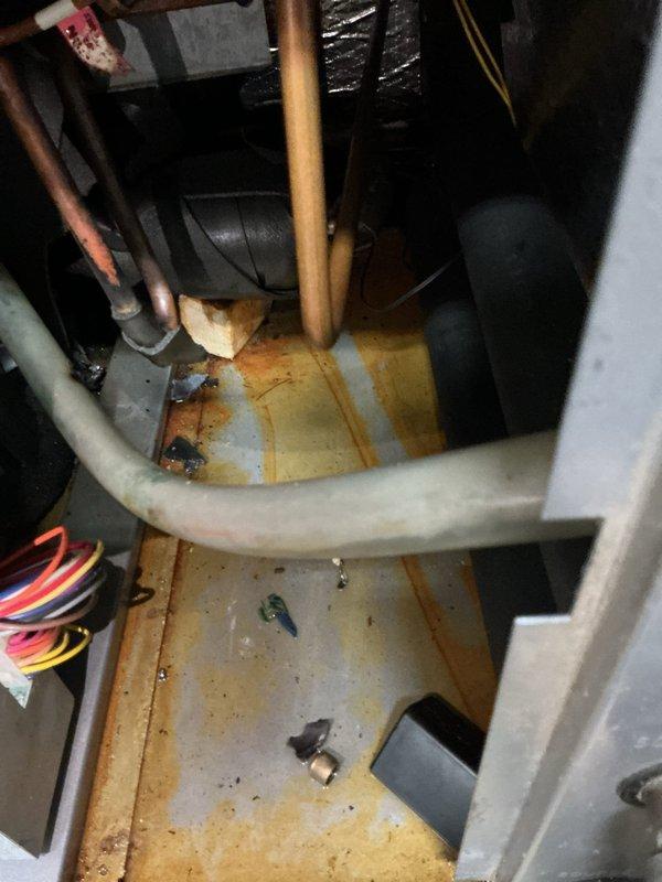 Responded to follow-up service call for system not cooling after previous service visit. Coordinated diagnostic assessment with technical team to evaluate persistent cooling issue and determine appropriate resolution path. Documented existing HVAC system conditions including hydronic heating components, air handler interior showing signs of moisture exposure and corrosion on drain pan, and refrigerant line connections for further diagnostic evaluation.
