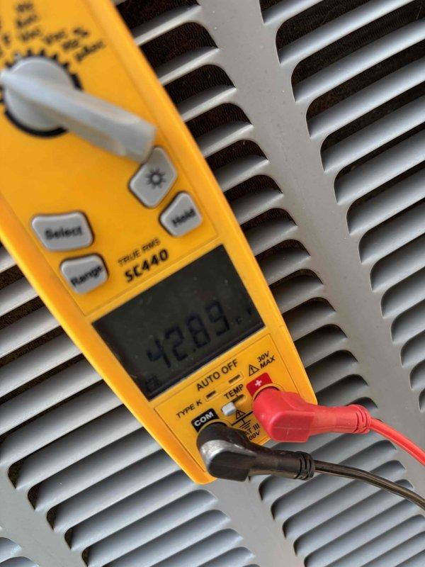 Completed comprehensive Platinum Level maintenance on a 7-year-old single-system HVAC unit with 20x20x5 filter configuration. Performed diagnostic testing using digital multimeter to verify electrical readings and system performance parameters, documenting readings of 42.89 on system components. Conducted thorough inspection of ventilation grilles, return air vents, and accessible system components to ensure proper airflow and operational efficiency.