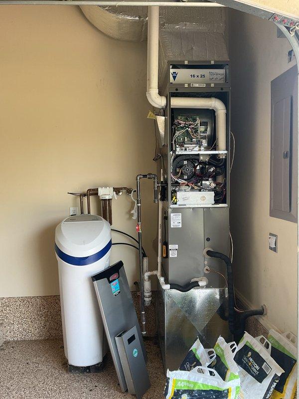 Completed annual planned maintenance visit on one-year-old residential HVAC system. Performed comprehensive inspection of vertically-mounted air handler and gas furnace assembly located in utility closet. Replaced 16x25x5 air filter as scheduled. Conducted thorough examination of internal components including blower motor assembly, control board with wiring connections, and gas valve assembly. Inspected PVC condensate drain lines and ventilation piping for proper operation. Verified all electrical connections, safety controls, and mechanical components functioning within normal parameters. System operational and ready for continued service. This represents the second annual maintenance visit; renewal recommended for continued coverage.